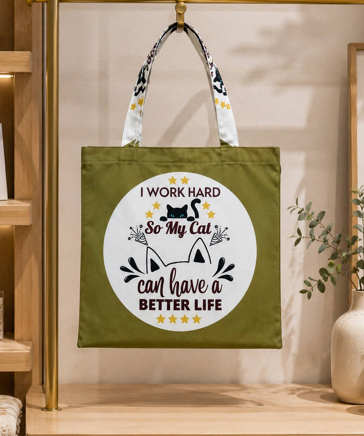JCFB0319 Olive-Multi "I Work Hard SO My Cat Can Have A Better Life" Tote Bag