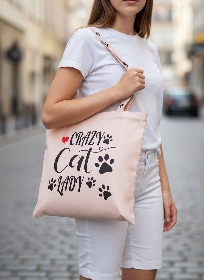 JCFB0295 L. Pink "Crazy Cat Lady" Tote Bag